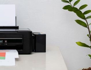 Photo d'une imprimante laser sur un bureau avec une plante